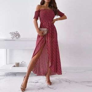 Red off the shoulder summer maxi dress